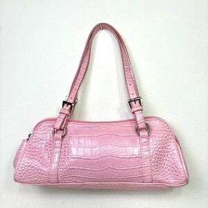 BISOU BISOU Pink Faux Croc Leather East West Baguette Y2K Shoulder Purse Bag